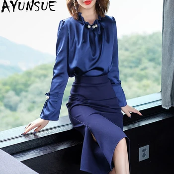 

Two Piece Set Women Clothes 2019 Spring Summer Skirt Women Vintage Office Shirt Tops Blue Long Skirts Conjuntos De Mujer MY2339