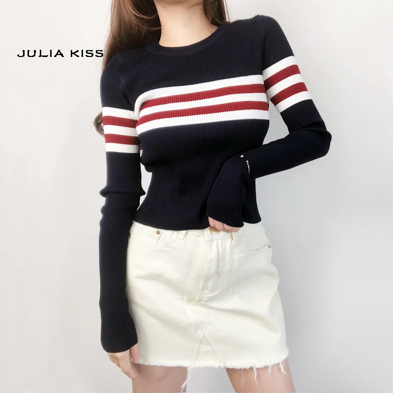 

Women Rib Knit Striped Sweater Stripe Ribbed Knit Top