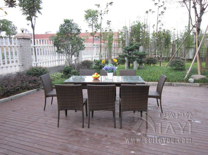 Image 9 pcs Dark Brown Rattan Garden Dining Sets With Table And 8pcs Armless Chair transport by sea