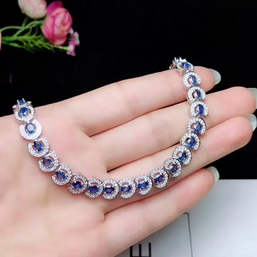 Bracelet en saphir bleu naturel Bracelet en pierres précieuses naturelles 925 bracelet en argent él
