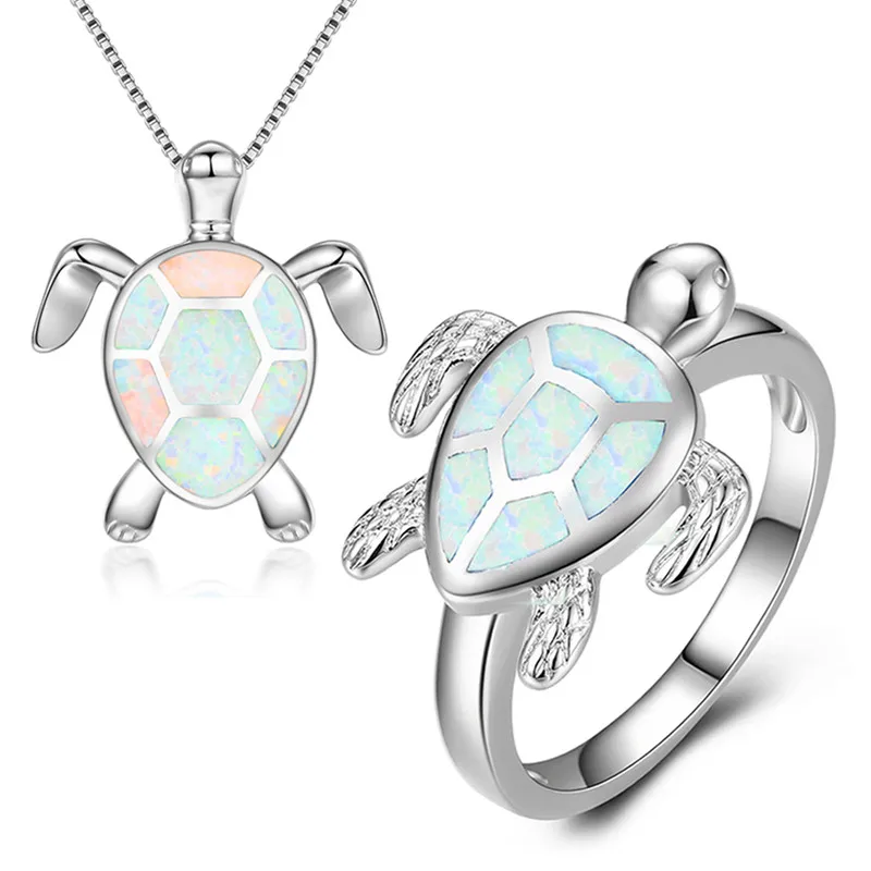 

Boho Female Wedding Ring Necklace Jewelry Set Fashion White Fire Opal Turtle Ring Pendants Necklaces Jewelry Sets For Women