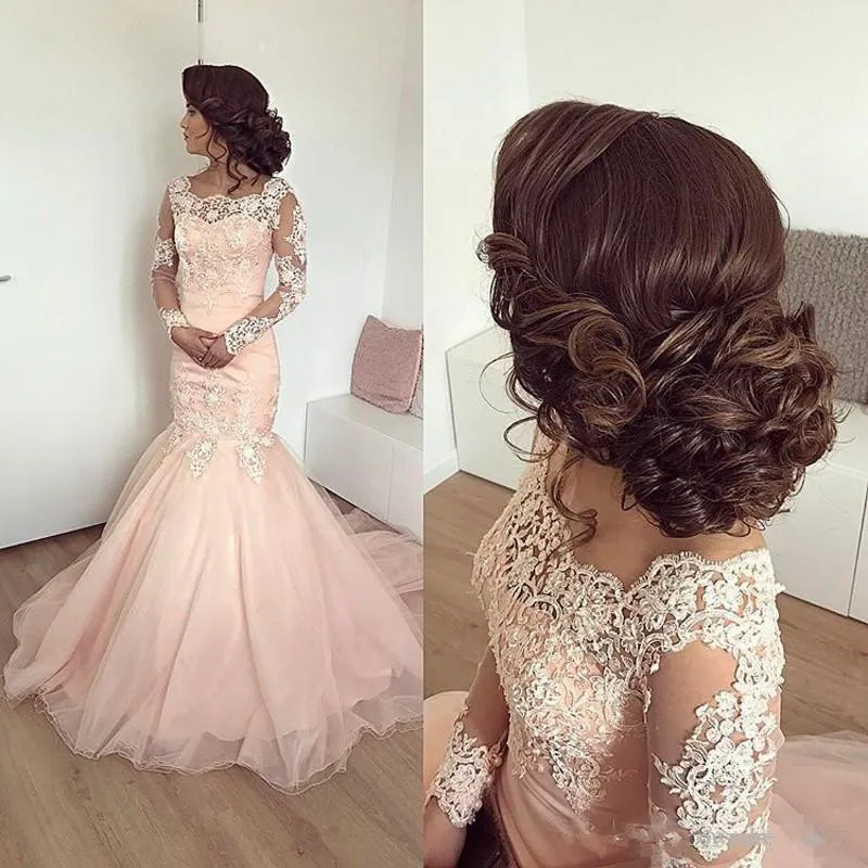 

Vintage Blush Pink Lace Mermaid Prom Dresses 2019 Long Sleeves appliques vestidos de gala longo Evening prom gown prom dress