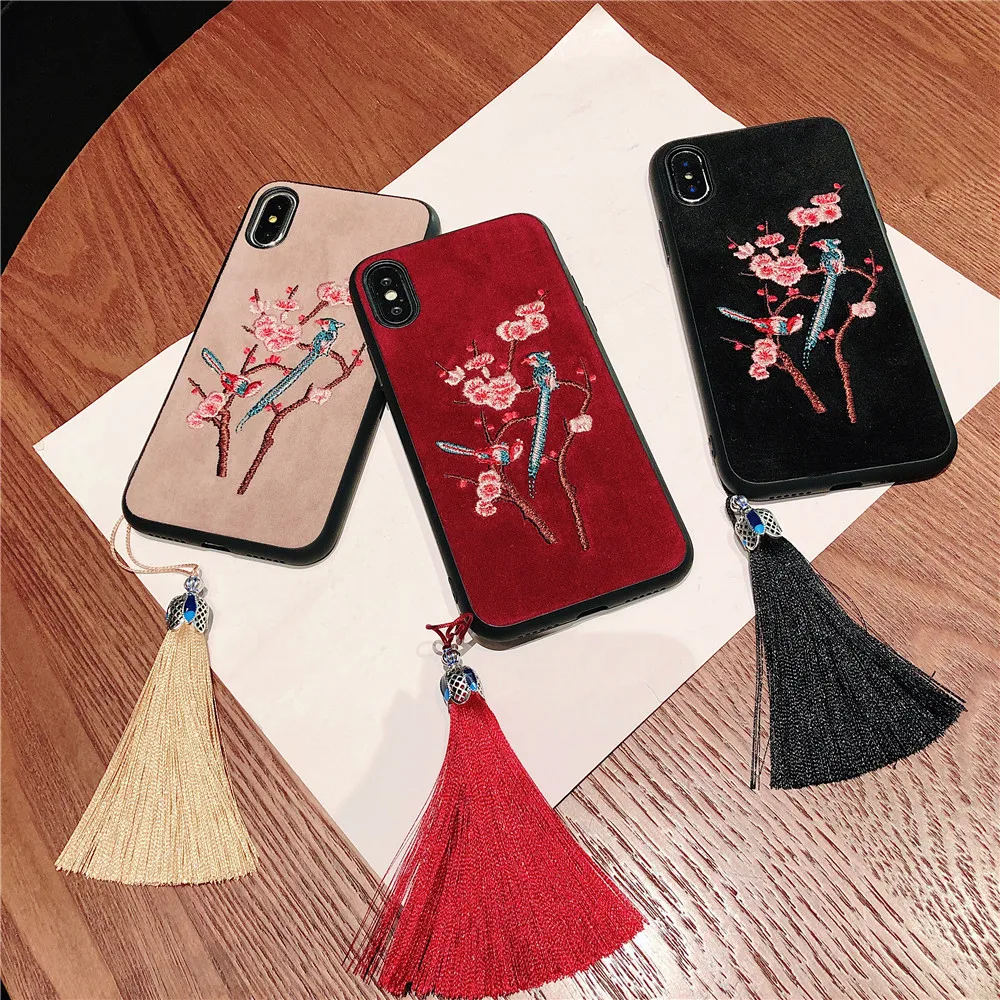 Ретро Китайский Стиль вышивка цветок кран силиконовый чехол для телефона для huawei Коврики 9 10 P20 Pro P10 Nova3 Honor 10 с кисточкой