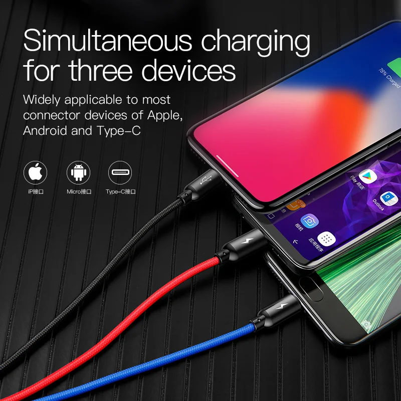 Baseus 3 في 1 3.5A كابل يو اس بي ل فون X 8 7 شحن شاحن المصغّر usb كابل نوع-c نوع C كابل يو اس بي ل شاحن هاتف محمول يعمل بنظام تشغيل أندرويد