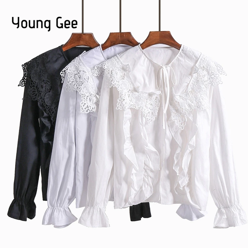 Женская кружевная блузка Young Gee белая и черная с длинным рукавом расклешенные