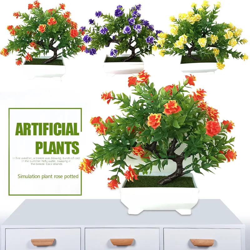 

Fake Plant Simulated Potted Plants Simulation Flower Rosy Rose Plastic Home Decor Wedding Ornament Beautiful Desktop Balcony