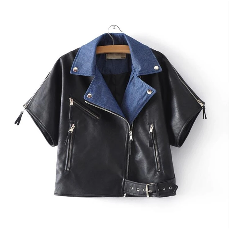 

Pu Denim Splice Motorcycle Outerwear Slim Veste Manteau Spring Oversized Leather Vest Female Autumn Leather Vests Pu Waistcoat