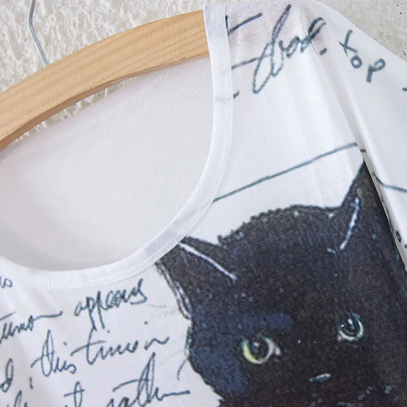 KaiTingu 2016 Brand New Version Fashion Summer Harajuku Short Sleeve Women T Shirt Tops Letter Cat Print T-shirt White Cloth