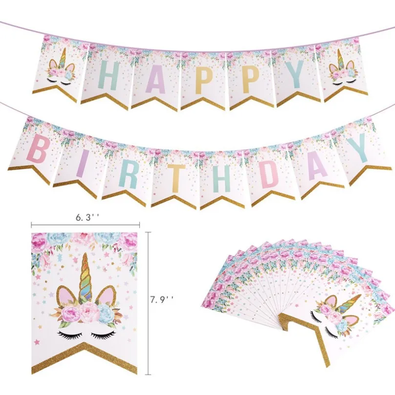 

1 Set Banner Pull Flag Party Decoration Creative Cartoon Children's Happy Birthday Party Glitter Garland Party Decor