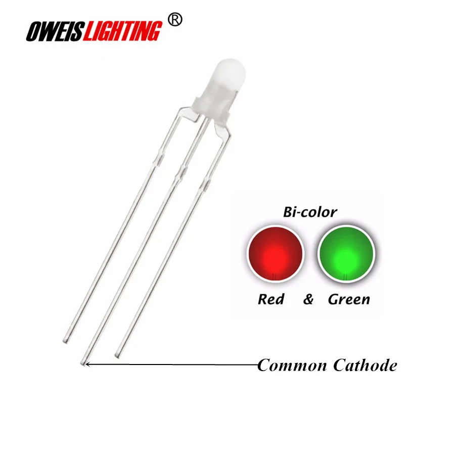 

100pcs 3mm Green And Red LED Diffused Common Cathode 3 Pin Round Head Bi-Color LED DIP Lamp Light Beads