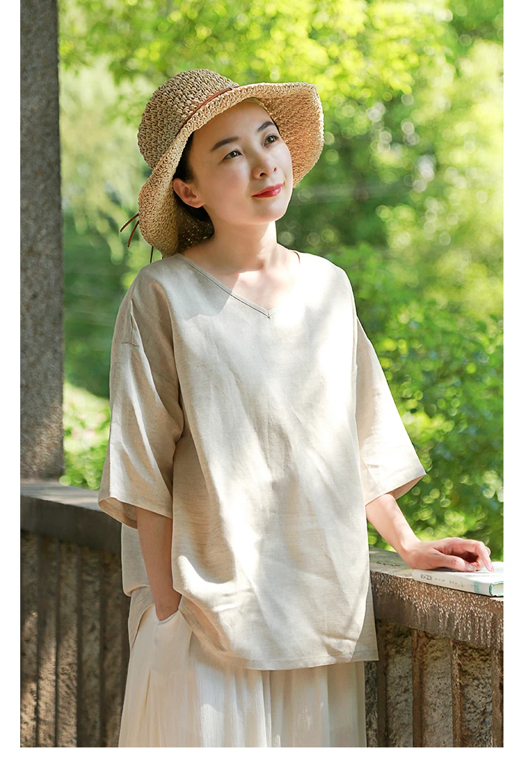 LZJN Women Tops and Blouses 2019 Summer V Neck Short Sleeve Linen Shirt Casual Loose Work Blouse RetroTop Plus Size Blusas (20)