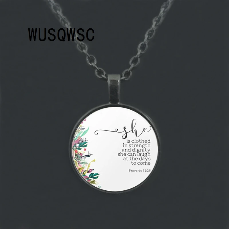 

Religious Jewelry She is clothed in sturdiness and would say Proverbs 31: 25 Necklace Bible Verse Inspirational Women Men Gift