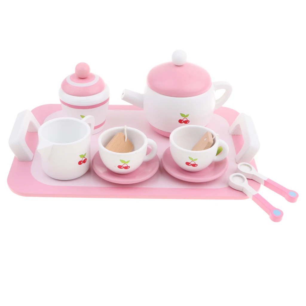 Pink Kitchen Toys Accessory Set Pretend Play Toy for Kids (Including Tray, Teapot, Tea Caddy, Cups, Plates, Spoons, Tea Bags)