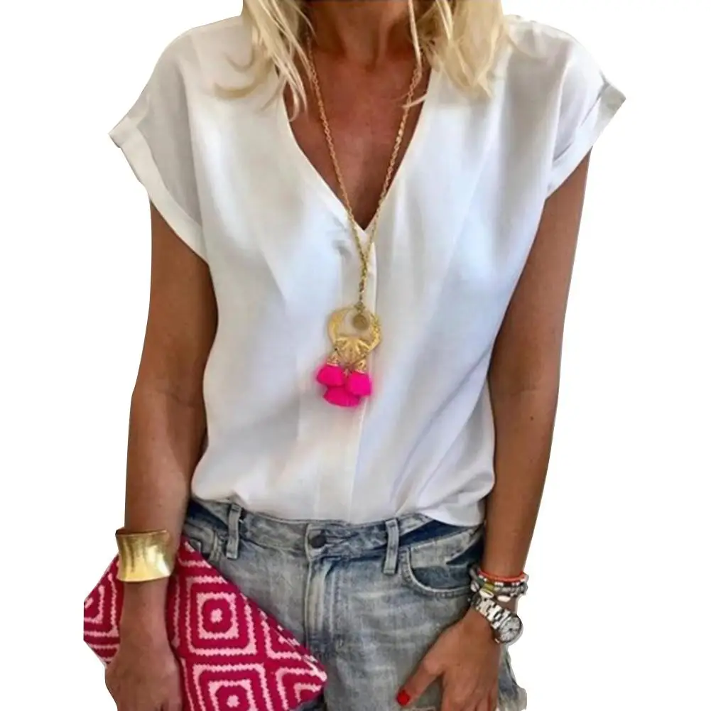 

Yfashion Chiffon Summer Blouse Women Solid Color Simple Style Short Sleeve Loose V Neck Blouses Fashion Lady Blouse Female