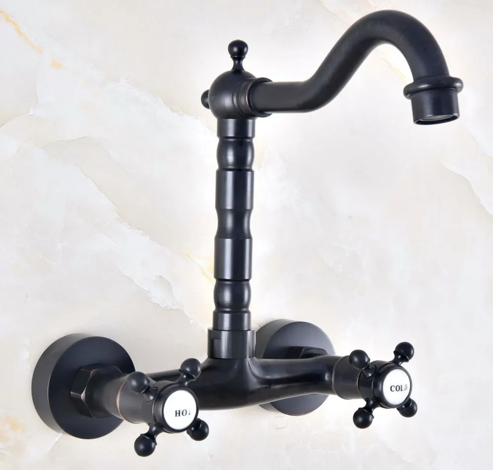Black Oil Rubbed Bronze Brass Two Cross Handles Wall Mount Swivel Spout Kitchen & Bathroom Basin Sink Faucet Mixer Tap anf453