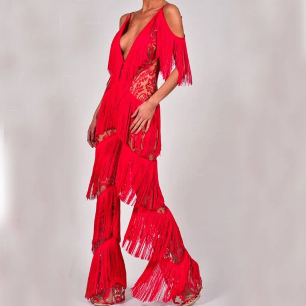 red fringe jumpsuit