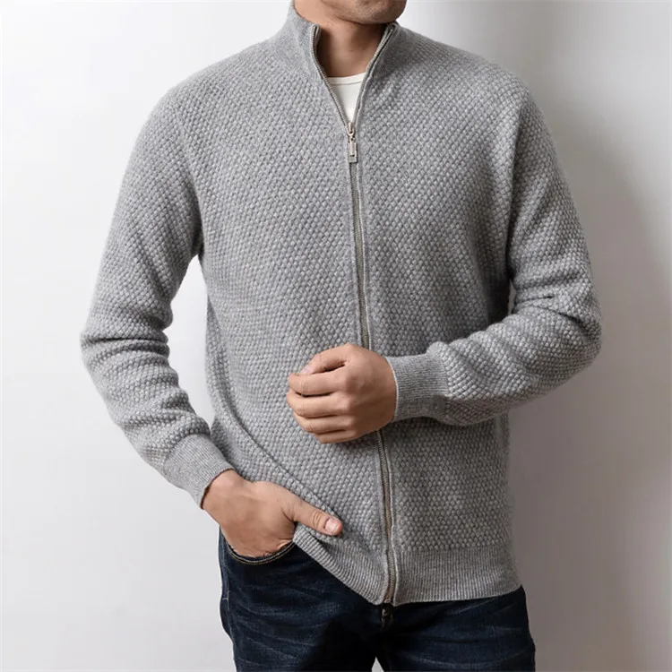  100%cashmere knit men smart casual half high collar zipper H-straight cardigan sweater 3color S-2XL