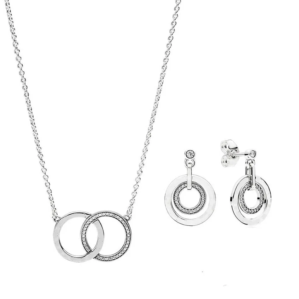 

925 Silver Pendant Necklace For Women Linked CIRCLES NECKLACE Pave Clear CZ Crystal Signature Choker fit Lady Jewelry