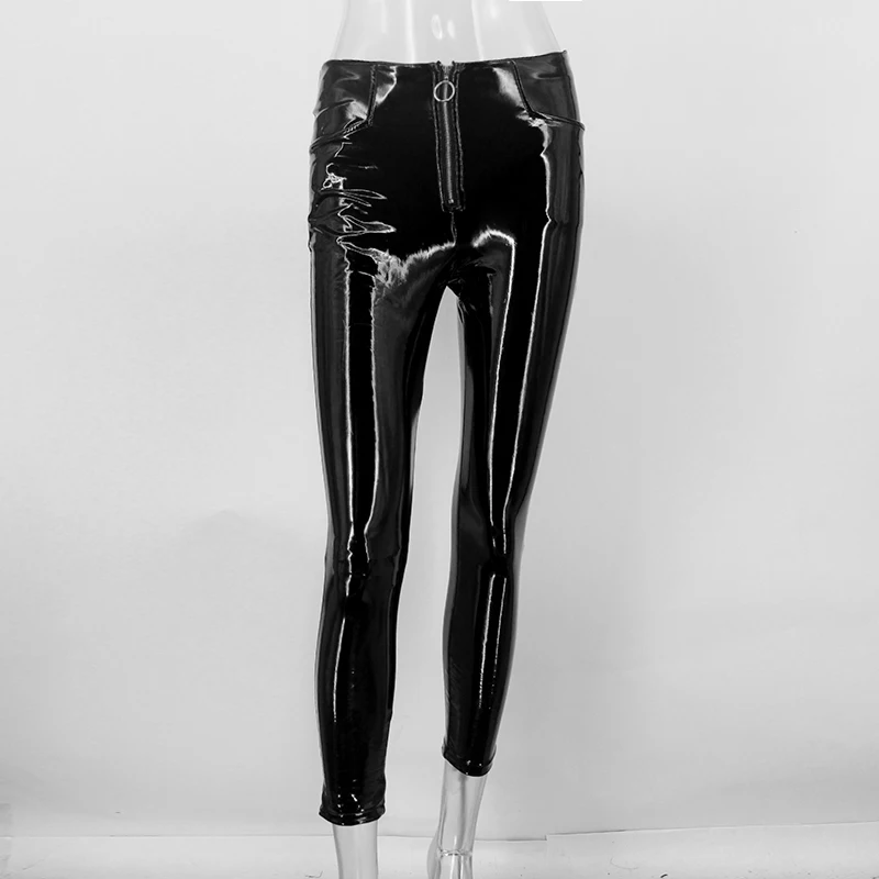 Tobinoone осенние штаны из искусственной кожи с двойной молнией, облегающие Женские штаны с высокой талией - Цвет: Черный