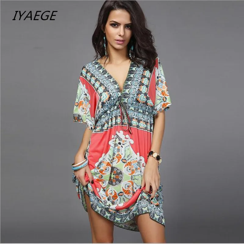 Boho Style Summer Women Dress Sexy Deep V Ethnic Floral Print Tunic Beach Dresses Plus Size Casual short sleeves Dresses plus-floral-dress : image Boho Style Summer Women Dress Sexy Deep V Ethnic Floral Print Tunic Beach Dresses Plus Size Casual short sleeves Dresses plus-floral-dress