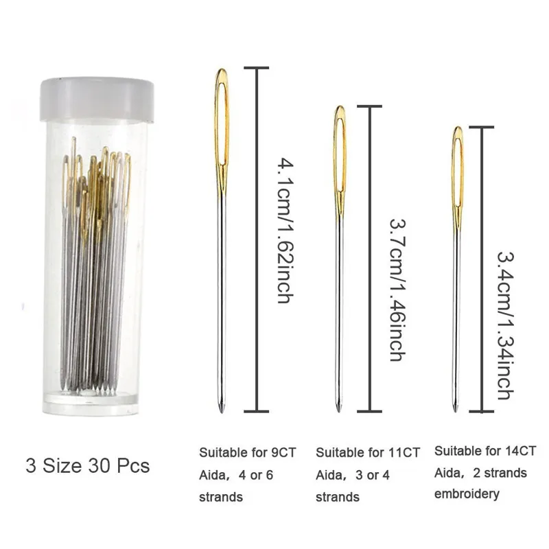 Looen 30pcs Mix Size Large Eye Sewing Needles Cross Stitch Stainless Steel Hand Sewing Needle with Threader Home DIY Sewing Tool (11)