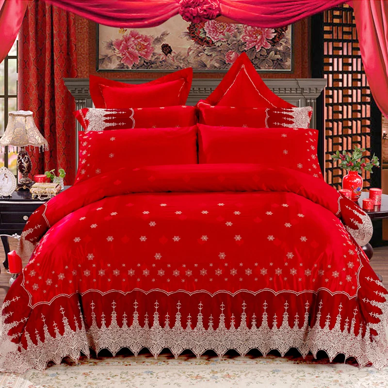 luxury satin drill cotton silk red wedding bedding set bedclothes Duvet