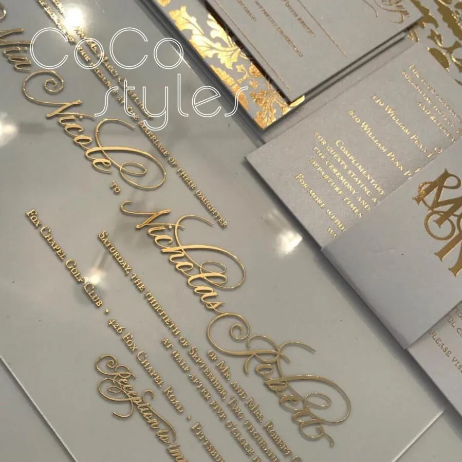  Cocostyles custom vintage gold foiling printing acrylic invitation card with match envelope for hig - 32893123649