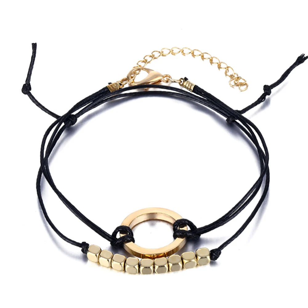 

New 2pcs/set Simple Gold Charm Bracelet Women Adjustable Black Leather Rope Bracelet Delicate Round Bracelet Boho Trendy Jewelry