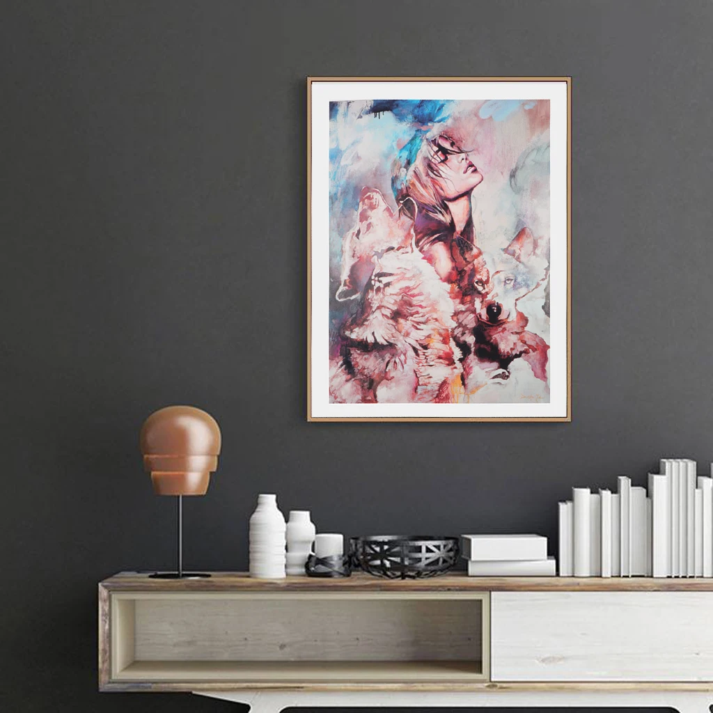 1 Panel Canvas Oil Painting, Artwork Picture Wall Art Decor Hanging Poster, Home Chic Decor, Girl and Wolf