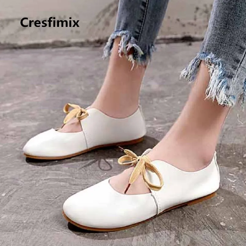 

Cresfimix women fashion comfortable spring & summer lace up white flat shoes lady cute dark brown soft bendable shoes a2770