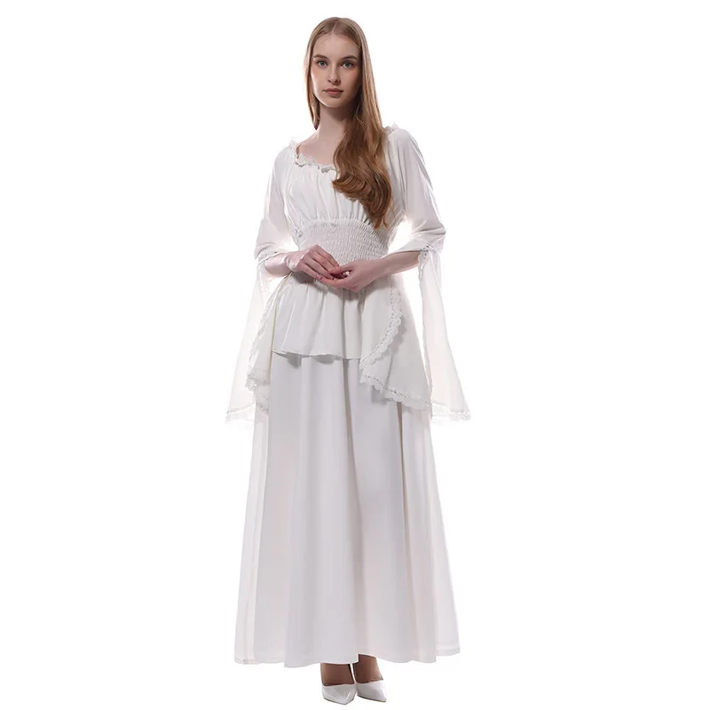 

Women Gothic Lolita Medieval Renaissance Dress Ball Gown White Trumpet Sleeves Masquerade Bodice Dress Halloween Cosplay Costume