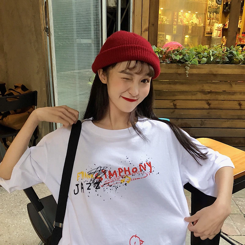 Летняя новая женская футболка с коротким рукавом с буквенным принтом граффити свободная футболка Женская Harajuku мода школьные рубашки