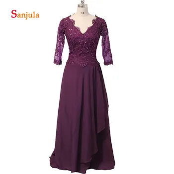 

Grap Purple A-Line Elegant Dress for Mother V Neck Lace Appliques Chiffon Mother of the Dresses Three Quarter Sleeve Ruffles D42