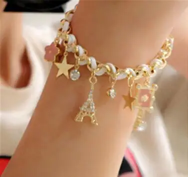 Модный кожаный браслет, ювелирное изделие, позолоченный браслет с Эйфелевой башней, звездами, крестиком, браслет с подвесками - Окраска металла: WHITE