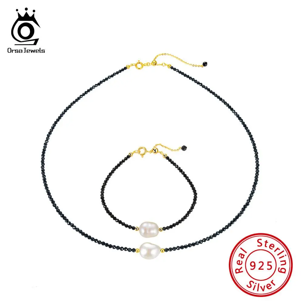 

ORSA JEWELS Authentic Freshwater Pearl 925 Sterling Silver Bracelets Choker For Women Romantic Party Gift Fine Jewelry Set SS37