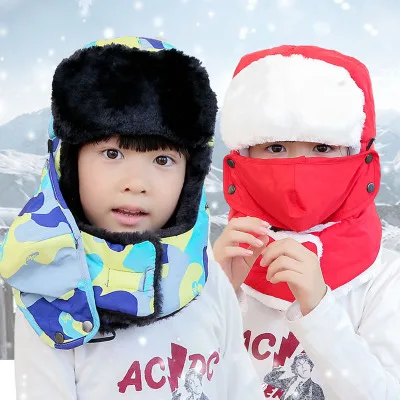 

Winter Warm Earflap Bomber Hats Caps Scarf children Russian Trapper Thermal Hat Trooper Earflap Snow Ski Hat Cap with Fack Mask