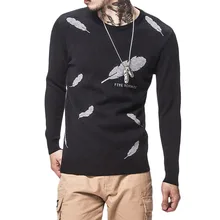 YFFUSHI Latest Men Sweater Autumn O-Neck Collar Long Sleeve Feather Printing Red Black Sweater Men Casual Style Slim Fit 5XL