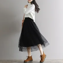 Womens Skirts Winter Lace Up Skirt High Wasit Dot Print sSirt Tulle Long Maxi Skirts for Women Gray Black Long Chiffon Skirt