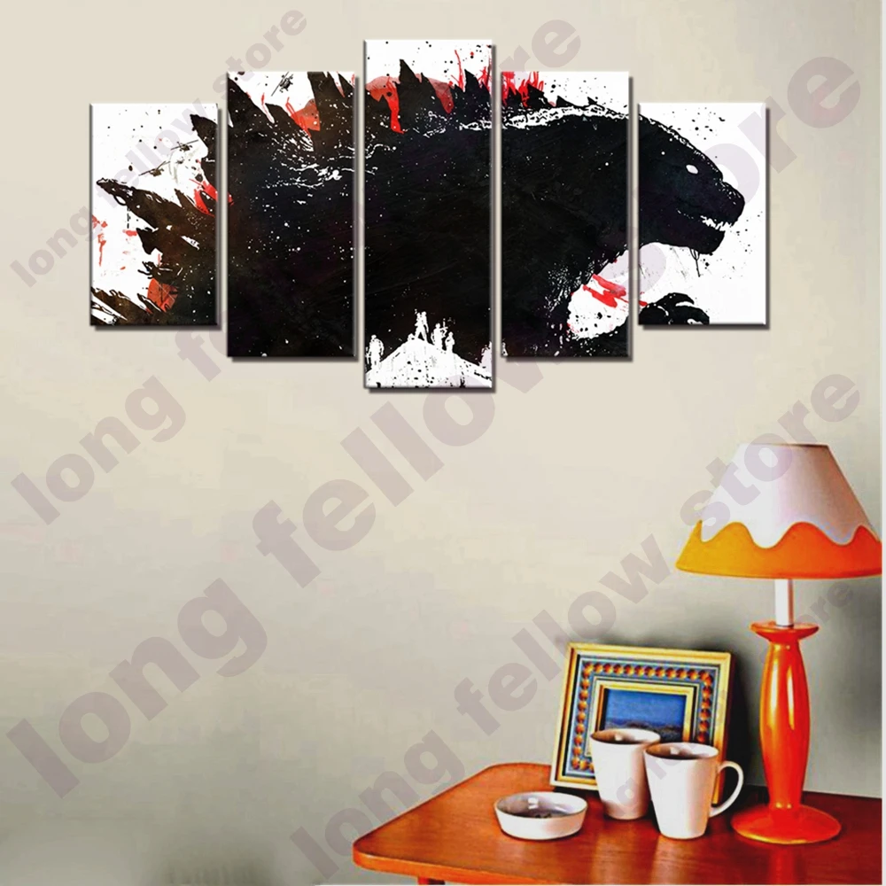 Japanese Abstract Cartoon Poster Dinosaur 5 Pieces Wall Art Canvas Print Monster Animal Painting for Game Room Lobby Wall Decor