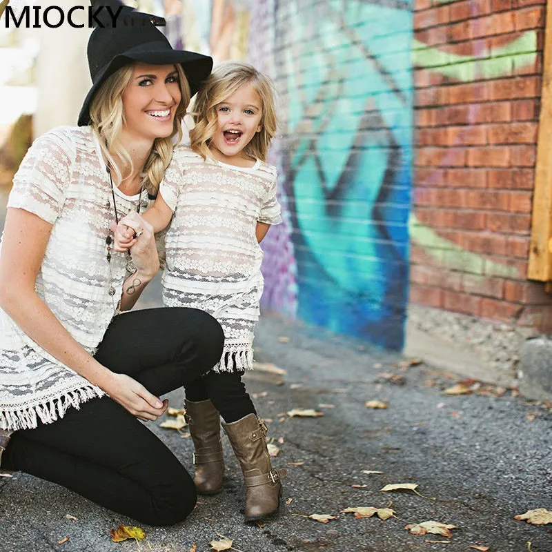 Family-t-shirt-Mother-and-daughter-clothes-Hollow-Tassel-Long-t-shirt-Camisole-Roupa-familia-Mommy (1)
