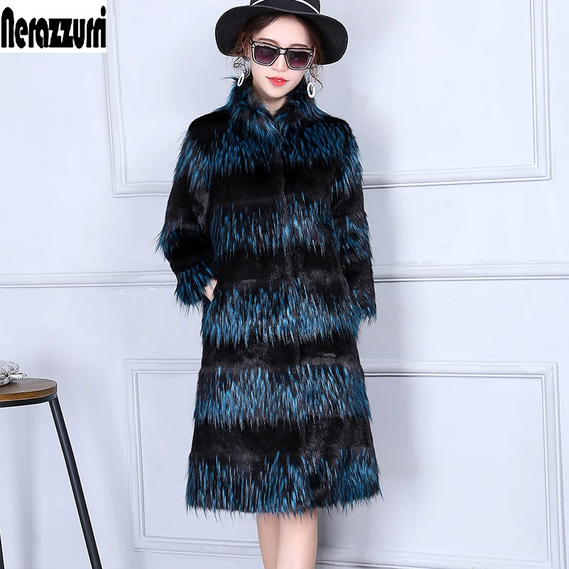 

Nerazzurri Fluffy faux fur coat women gradient furry Fake fox fur jacket winter warm long haired plus size outerwear 5xl 6xl