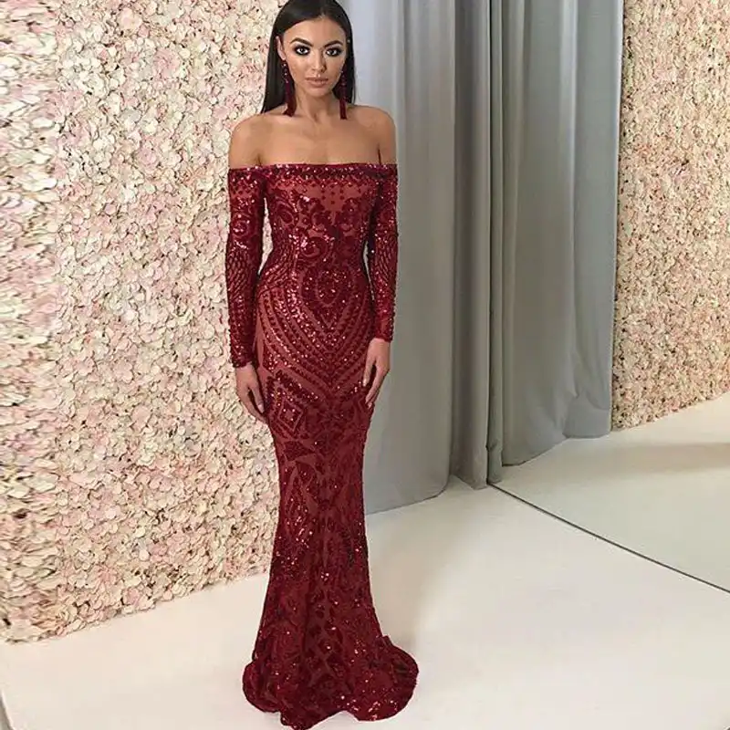 long sleeve off the shoulder sequin dress