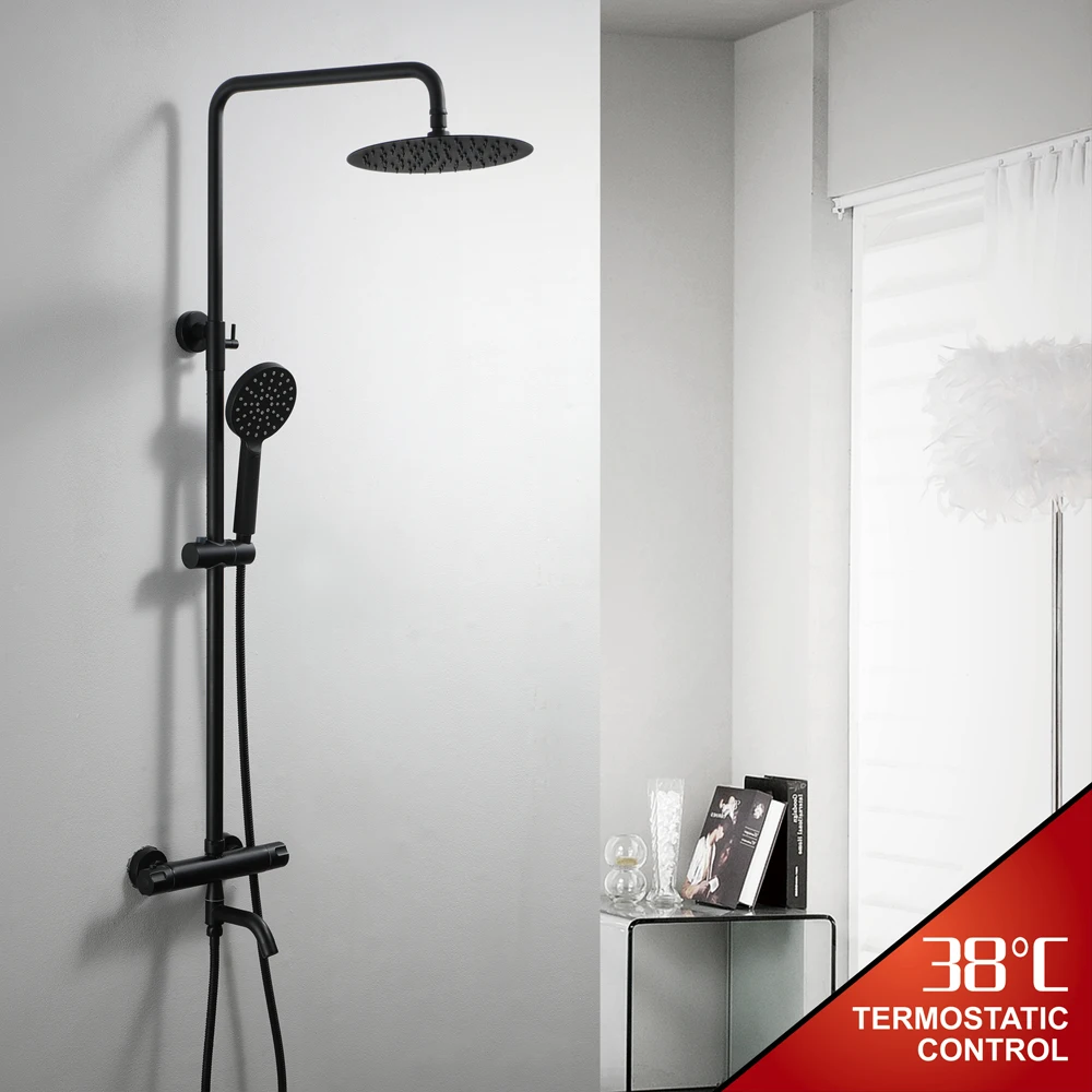 

HIDEEP Black Paint Bathroom Shower Set Auto-Thermostat Control Faucet Bath and Shower Mixers Rain Triple Handle Shower Sets