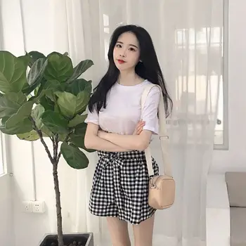 

ROPALIA Korean 2 Piece Set Summer Tshirt Set Women O N-eck Solid T-shirt + Plaid Belt Shorts Loose Shorts Women Casual Suit