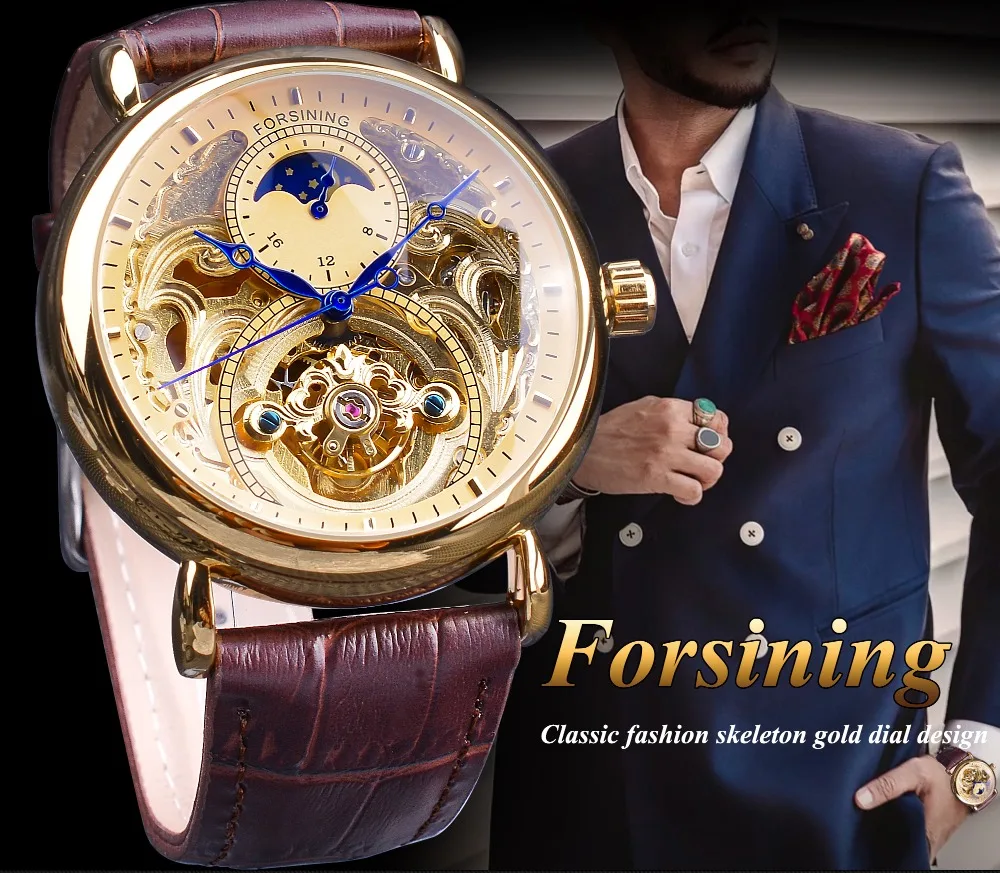 Forsining Королевский Золотой Скелет дисплей синие руки коричневый Натуральная кожа ремень мужские механические наручные часы мужские