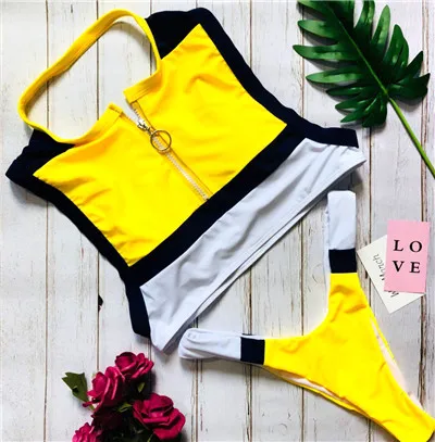Bikiwave, спортивный женский купальник,, высокая горловина, на молнии, комплект бикини, бразильский, пуш-ап, летний купальник, сексуальный, открытая спина, купальники - Цвет: yellow