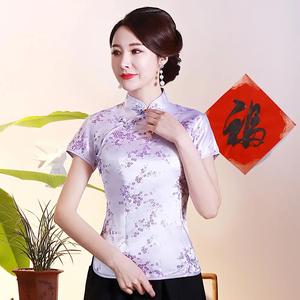 Большой размеры 3XL 4XL черные пикантные для женщин цветок атласная рубашка воротник стойка Традиционный китайский блузка элегантный тонкий летн - Цвет: Purple Flower