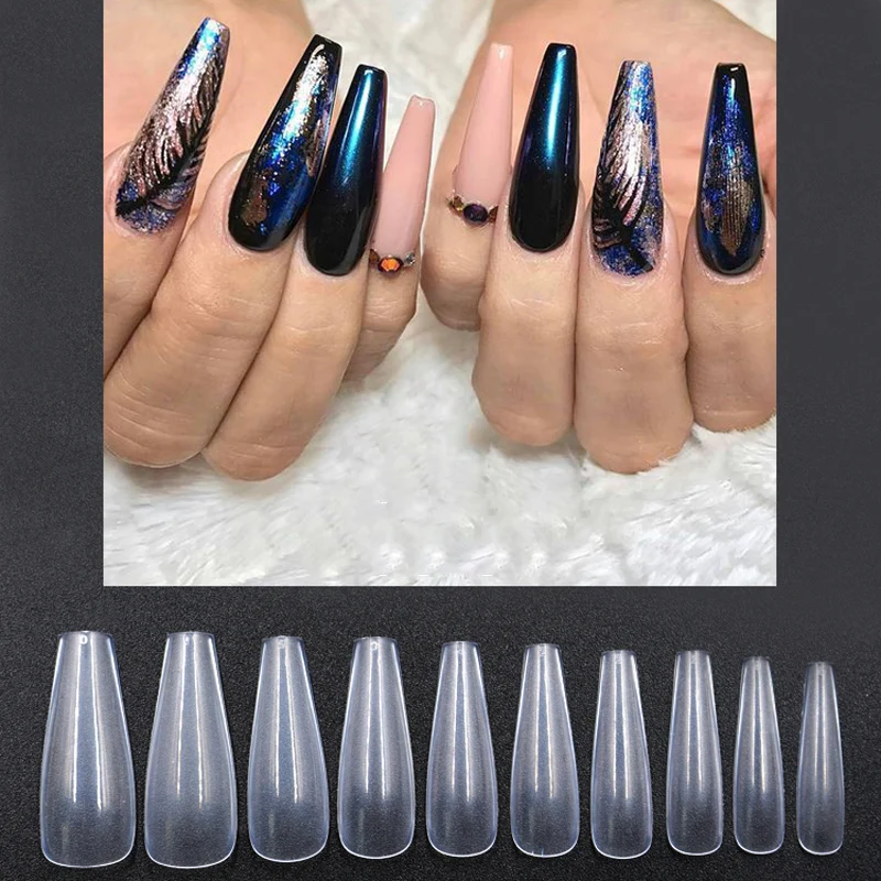 500pcs Nail Art Tips Long Ballerina False Nails Clear Coffin Shaped Fake Nail Finger Beauty Nail Tools UV Gel Salon Acrylic New