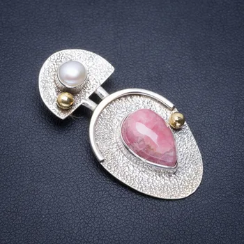 

Natural Two Tones Rhodochrosite and River Pearl Handmade Unique 925 Sterling Silver Pendant 1.5" A1606