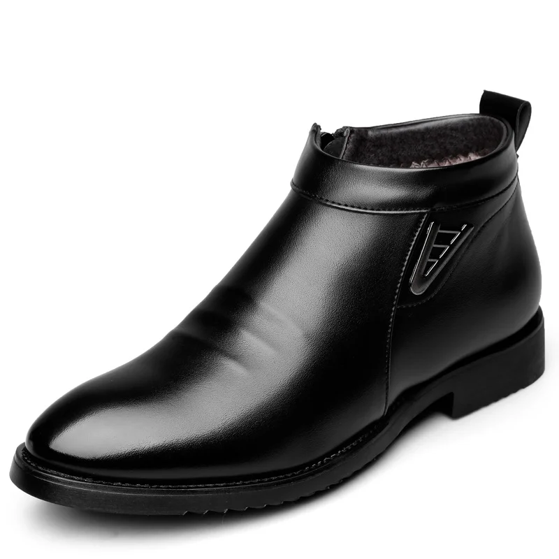 

Monstceler 2019 Winter Leather Boots Men High-top Warm Shoes British Fashion Short Plush Ankle Boots Side Zip Business Men Shoes